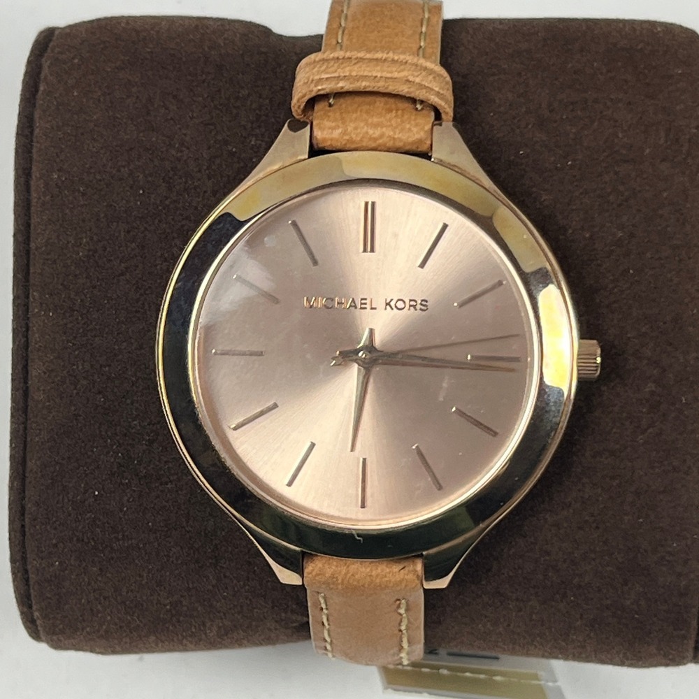 Michael Kors MK2274 Slim Runway Rose Gold Tan Leather Strap Womens Watch NEW